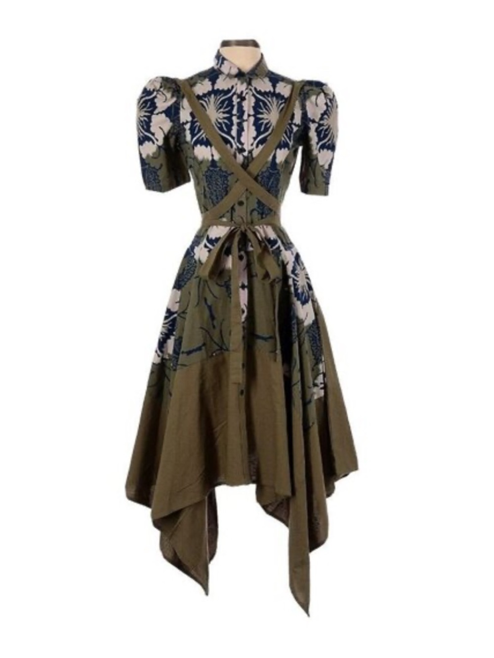 Olive Floral Print Button-Front Shirt Dress with Tie Waist
